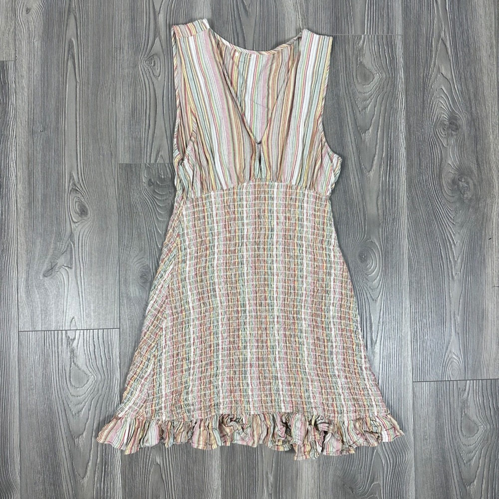 O'Neill Multi Color V Neck Striped Dress w/ Ruched Bodice - SIZE L Ruffle Beach - Picture 2 of 6